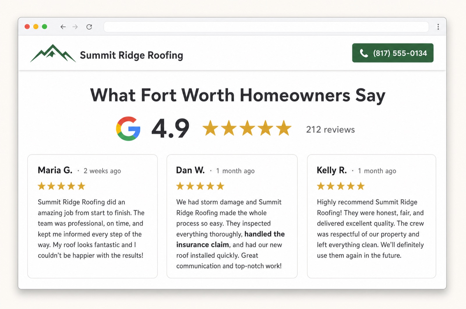 Live Google reviews section on a roofing website showing a 4.9 rating, 212 reviews, and three homeowner reviews with names and dates